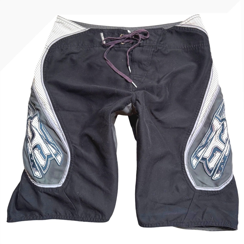 Y2K Fox Racing Board Shorts 33 Black Grey White Striped Moto Surf Swim Trunks